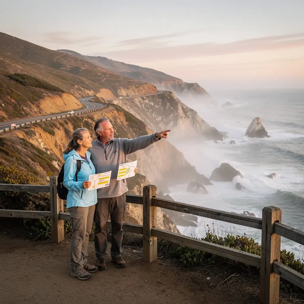 Panorama górskich szczytów na tle zachodzącego słońca.